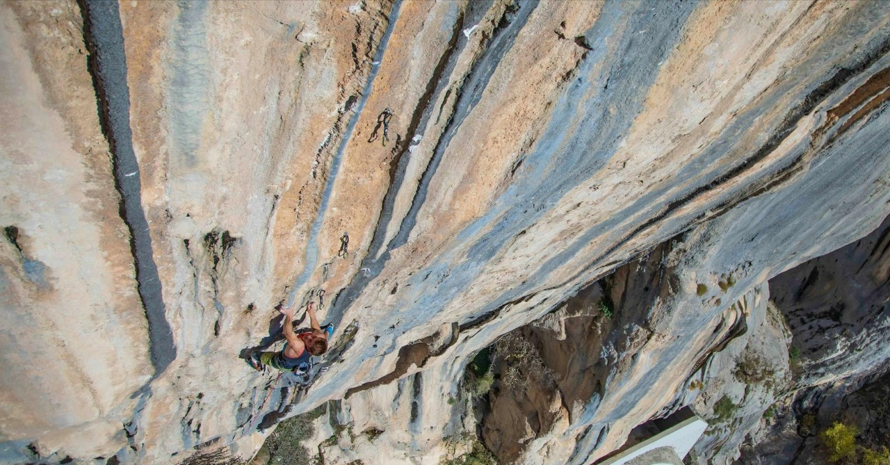 Seb Bouin on the first ascent of The Dream. Photo Etienne Tafary/tchaloprosuctions