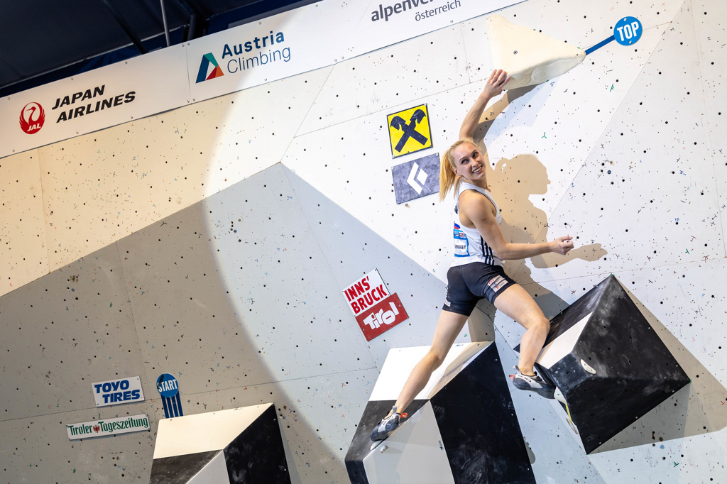 Janja Garnbret, dominant in the Boulder at Innsbruck. Photo: Lena Drapella/IFSC