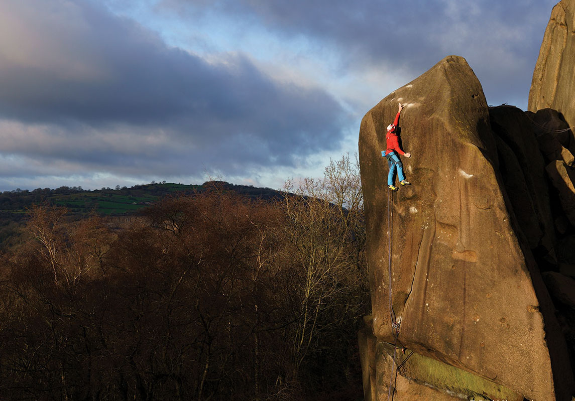 James Pearson repeating Harder Faster (E9 7a) at Black Rocks in the Peak District. Photo: © David Simmonite