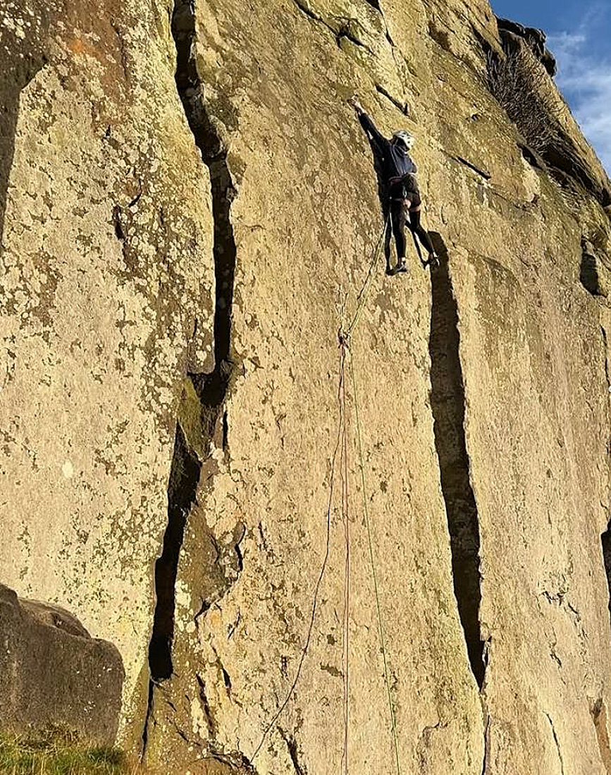 Mari Salvesen on the upper wall of The Zone (E9 6c). The shot is heavily foreshortened due to the low camera angle. Photo: Salvesen Collection