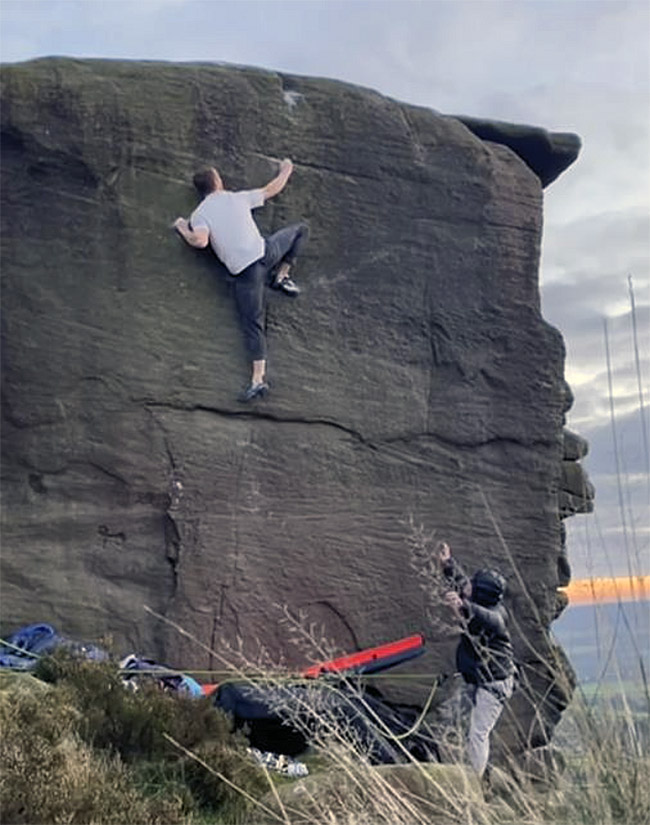 Alex Moore attempting Smiling Buttress (Font 8B) Curbar Edge, Peak District. Screen grab: Alex Moore