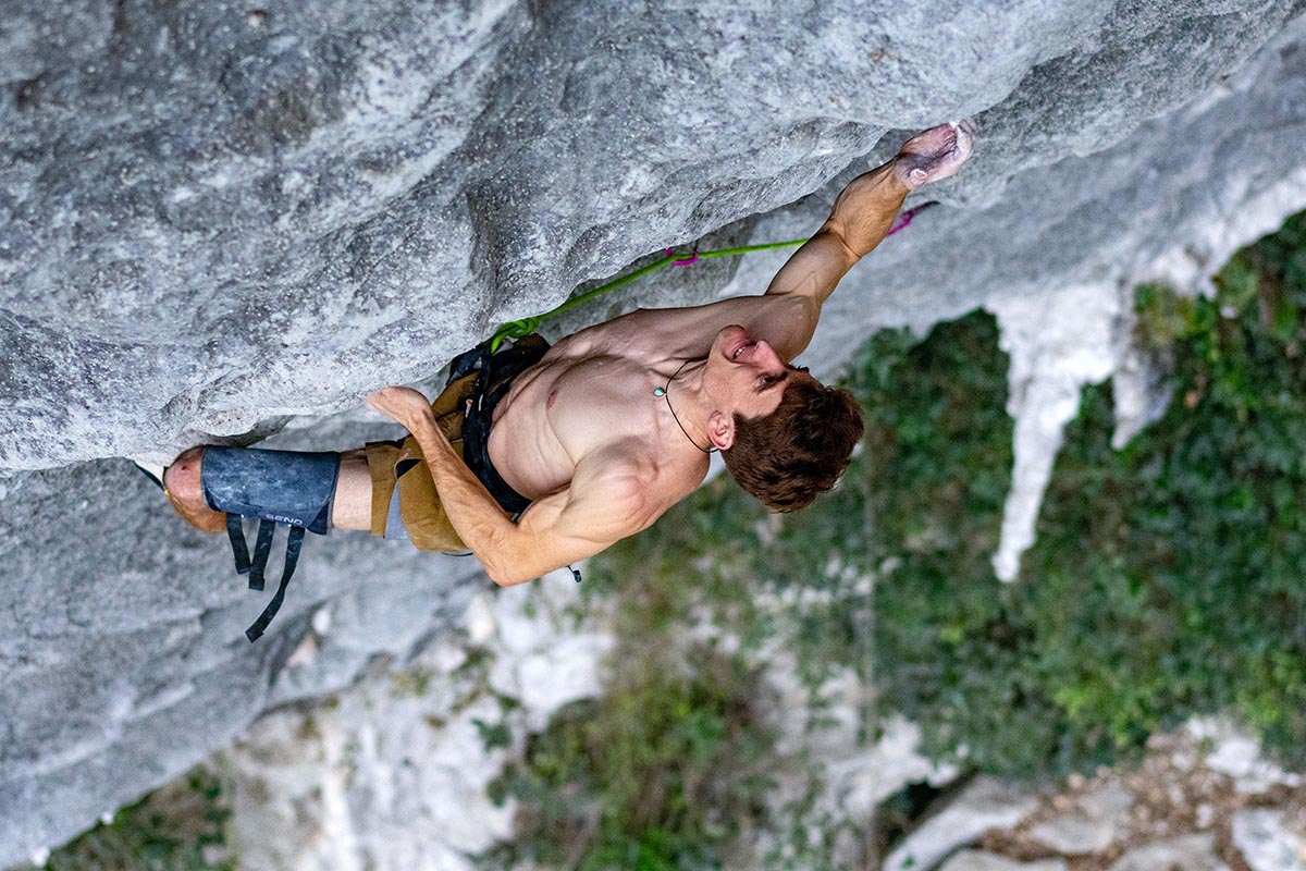 Seb Bouin climbing China’s hardest sport route, El Gran Cabrón. Photo: Riff Solo