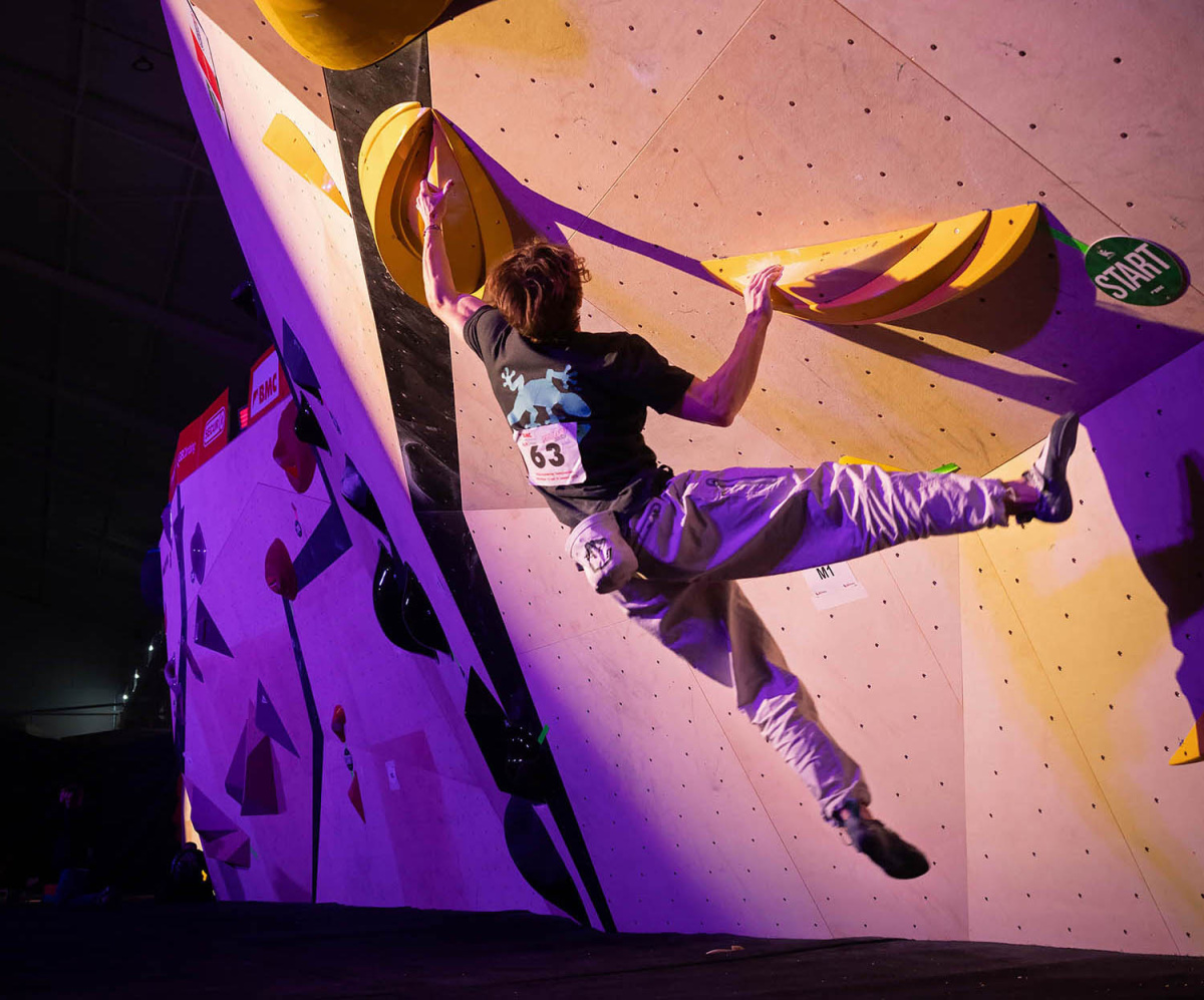 Sam Butterworth in the Men's final at BBC 2025. Photo: Adam Cooledge/Depot Climbing