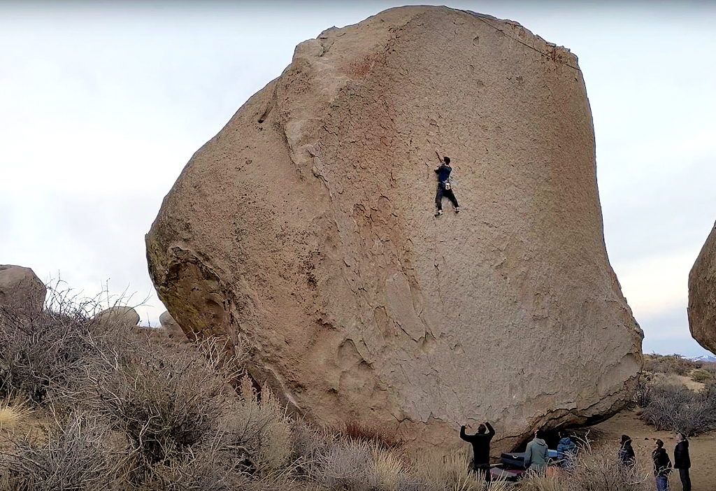 Miles Adamson  on the first ascent of Too Big to Fall. Video grab