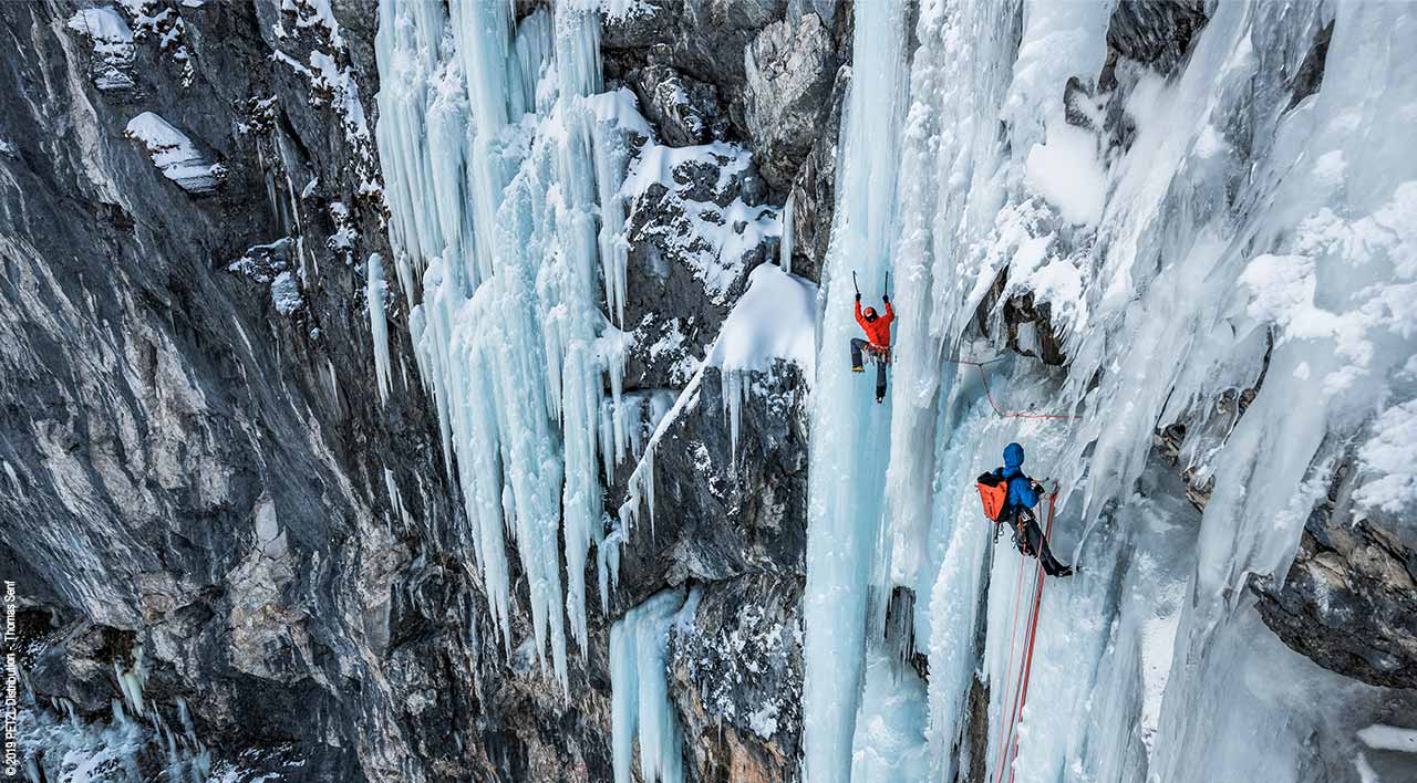 Climbing on the rare-formed icedagger on Seebenseefall. Photo Petzl