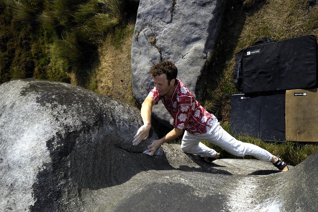 A younger Percy Bishton soaking up the gritstone. Photo Keith Sharples