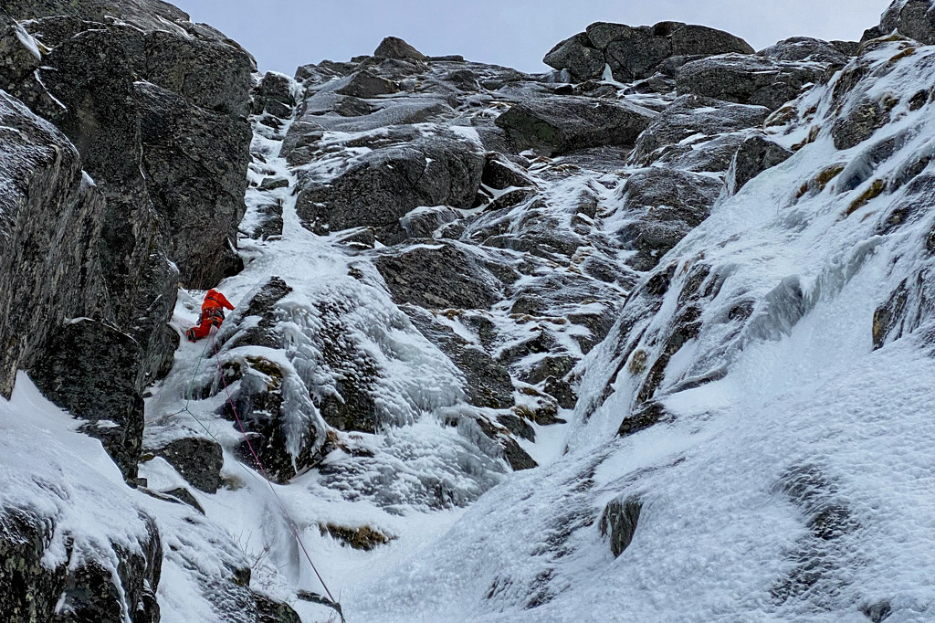  Jeff Mercier climbing their second objective, an existing route on Abrahamstind. Photo Greg Boswell