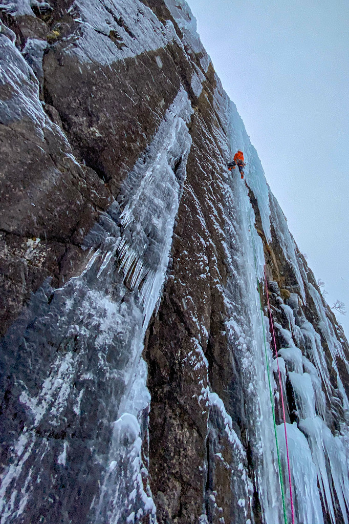 Jeff Mercier during the first ascent of La Tournée du Poltron (WI5+), the first of the two new routes on a low-level ‘avalanche-free’ wall. Photo Greg Boswell