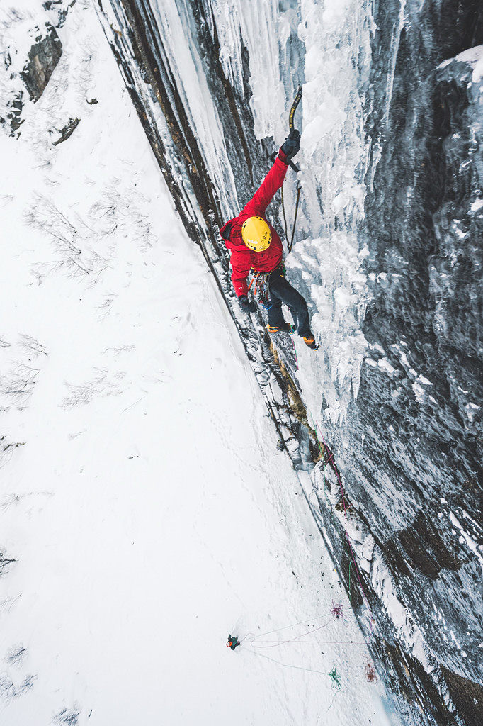 Greg Boswell on the upper section of Taking it Home (X,9/WI6); the second new route they climbed on that wall. Photo Mathis Dumas