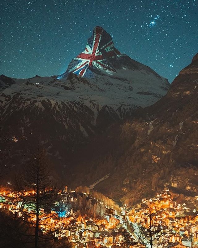 The East Face of the Matterhorn covered in the British Flag last night. Photo: Gabriel Perens