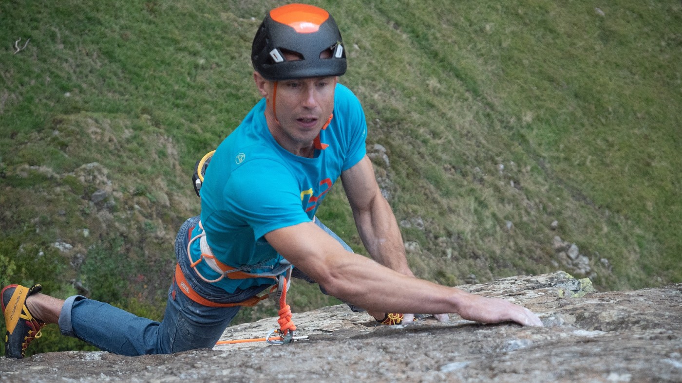 Neil Gresham on Ironed Out, Iron Crag. Photo: Hugo Pilcher