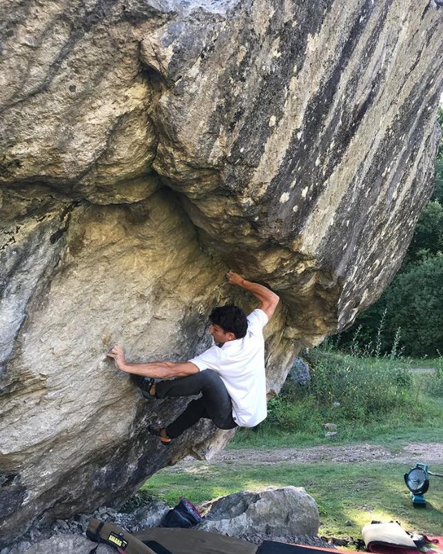 Aidan Roberts climbing Outliers (Font 8c) at Trowbarrow. Photo: Jack Palmieri