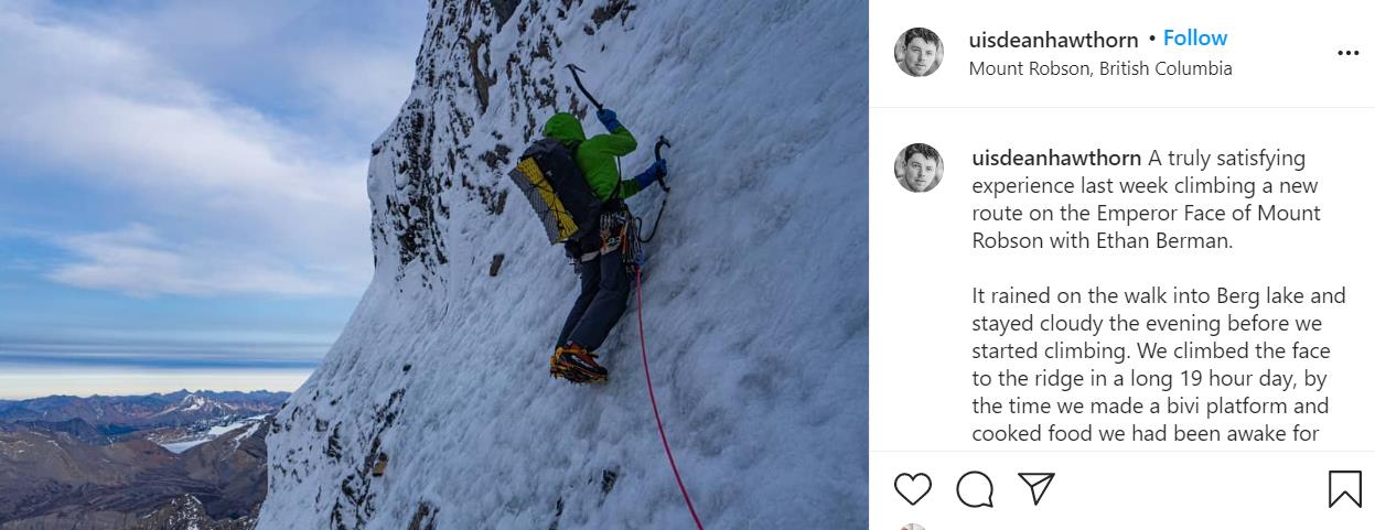 Uisdean Hawthorn’s Instagram page showing the climbing on Running in the Shadows