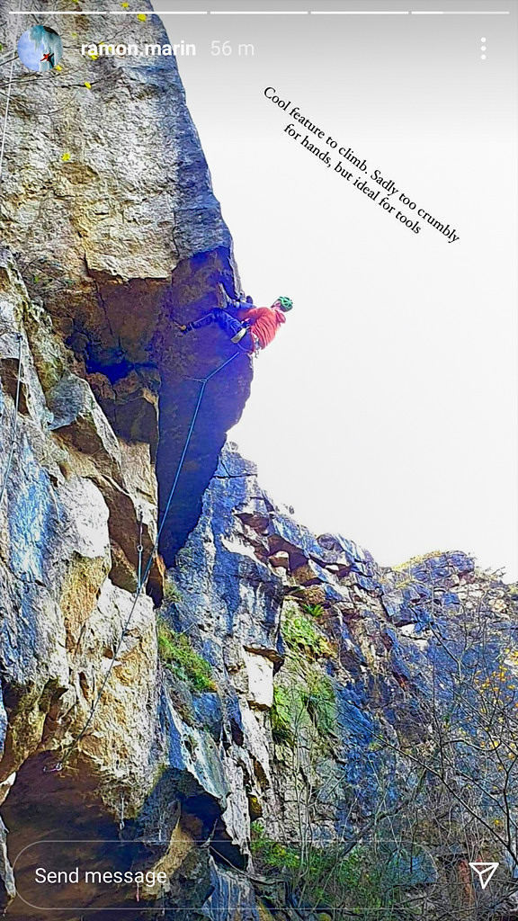 Ramon Marin on the first ascent of The Prow (M11) at Masson Lees. Screen shot from Ramon’s IG story