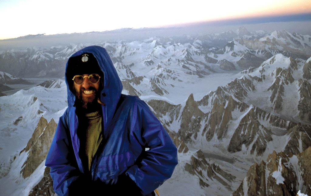 Doug Scott on the summit of the Ogre at 7pm, anxious to descend to their sleeping bags at the cave bivouac. Photo: Chris Bonington. 