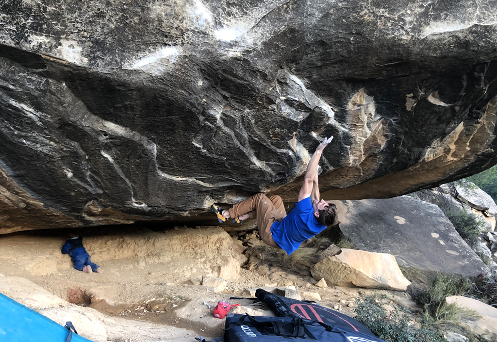 James Pearson repeating Master and Cifuentes (Font 8b+) at Alcañiz, Spain. Photo: onceuponaclimb