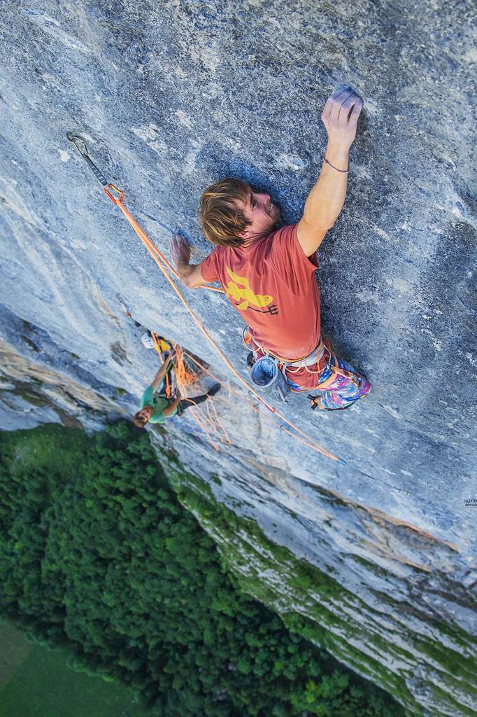 Sébastien Berthe on the last pitch, a 15 metre highly technical piece of climbing originally graded F8b+. Photo: Julia Cassou