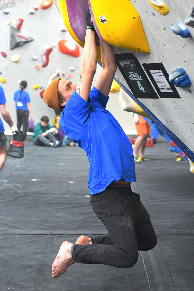 Hanging the flared jams on the Contact Hold Challenge; a decent result was just getting both feet off the floor! Photo: Keith Sharples