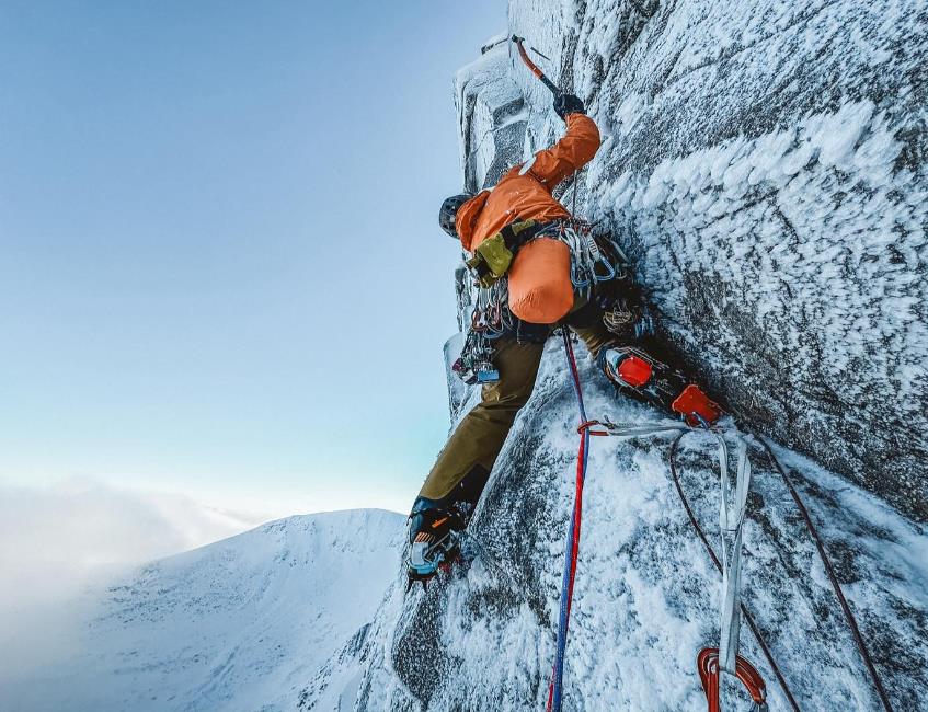 Greg Boswell climbing pitch 4 on the second ascent of Black Spout Wall (IX 10). Photo: Jeff Mercier/Instagram