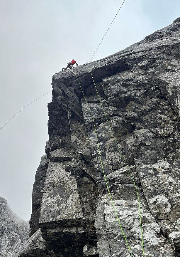 James Pearson high on the upper crucial arete of Echo Wall on the second ascent. Photo: OnceUponAClimb