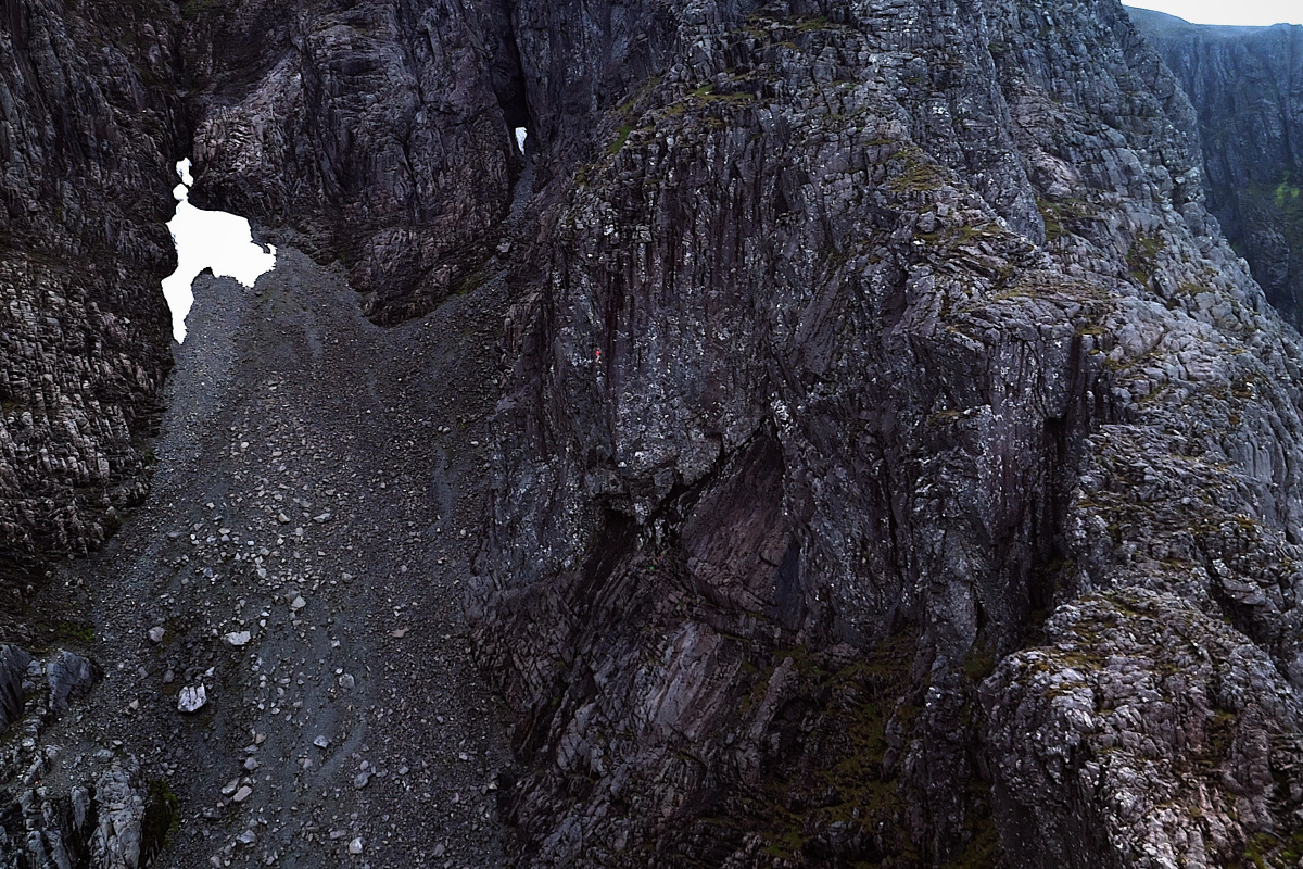 James Pearson and Echo Wall are dwarfed in the mountain enviroment of Tower Ridge area on the Ben. Photo: OnceUponAClimb