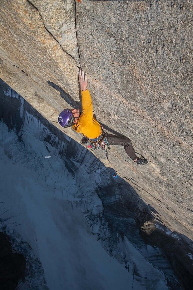 Pete Whittaker leading a crack pitch high on the new route. Photo: Julia Cassou