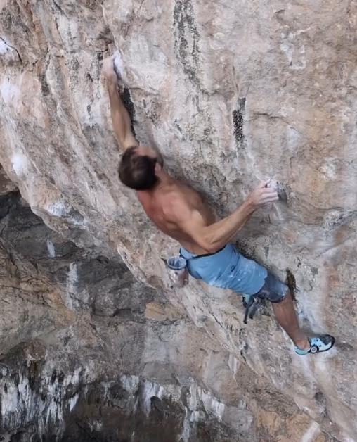 Chris Sharma on the FA of Vison Quest (F9a). Screen Shot: Chris Sharma Instagram