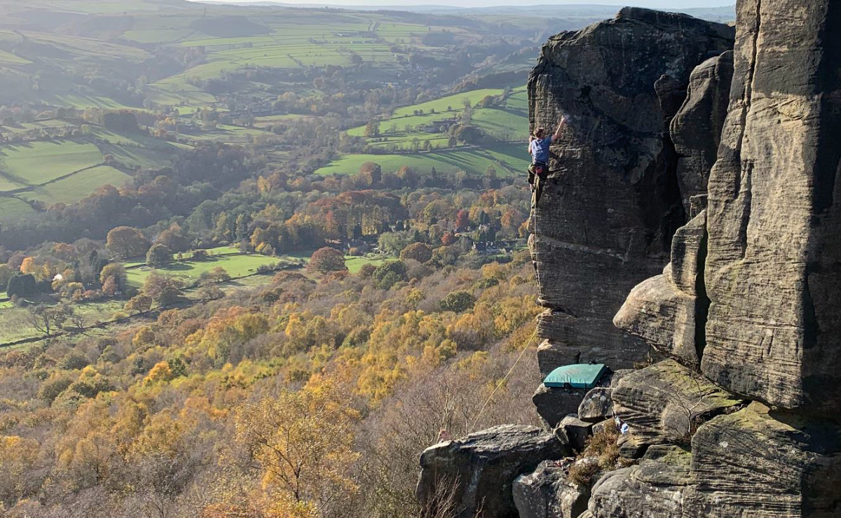 Mike Adam on End of the Affair (E8 6c), Curbar. Photo: Beth Moore