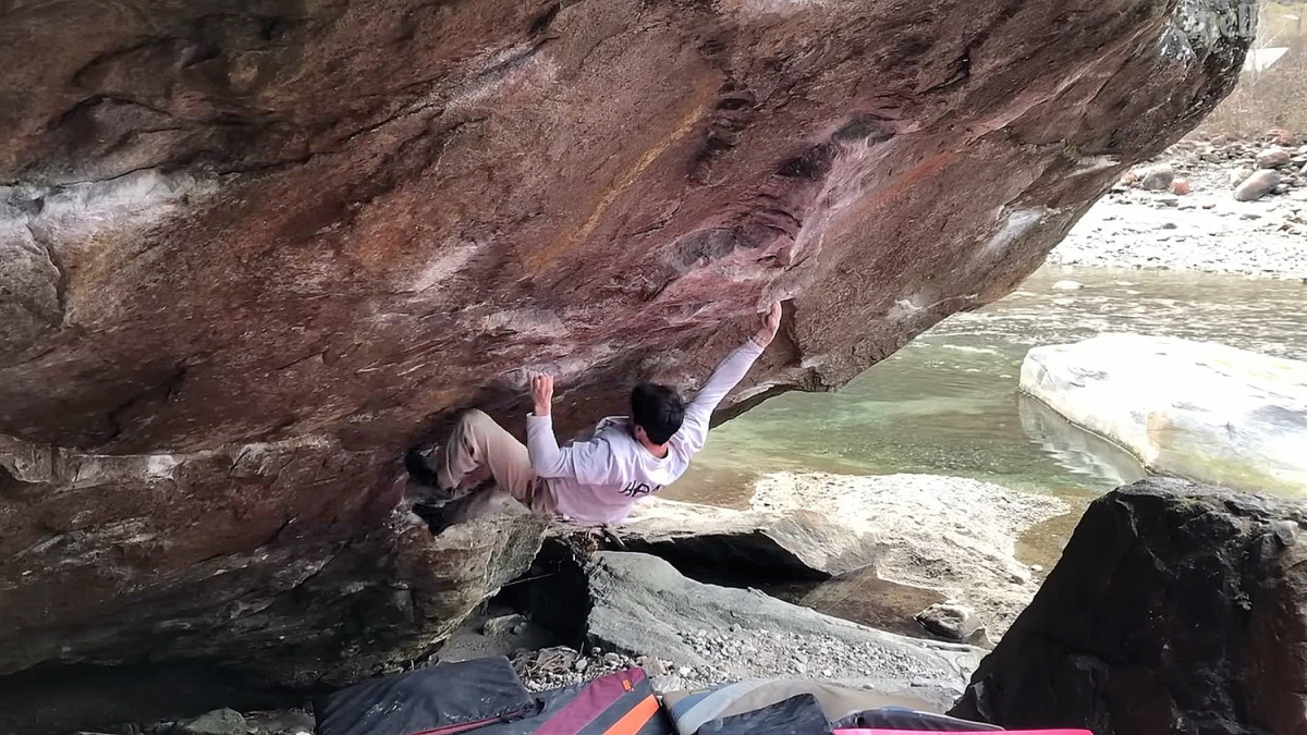 Nathan Phillips making the first ascent of Deep Fake (Font 8C+/V16). Video grab: Mellow