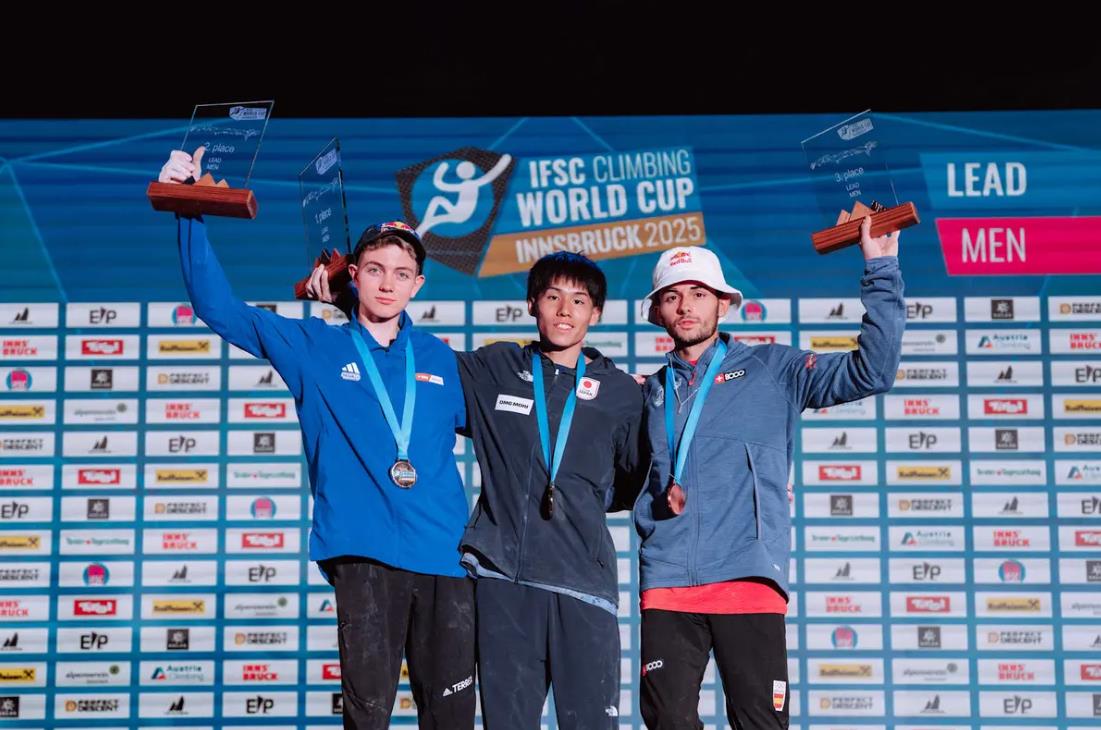 Men's Lead podium: Toby Roberts, Neo Suzuki and Alberto Gines Lopez. Photo: © IFSC