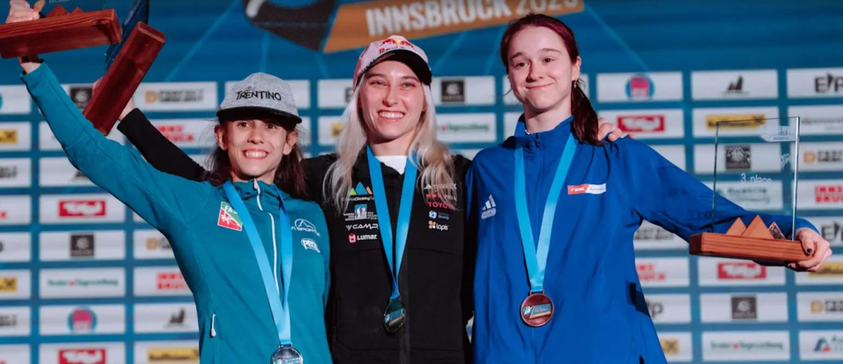 Women's Lead Podium: Laura Rogora, Janja Garnbret and Erin McNeice. Photo: © IFSC