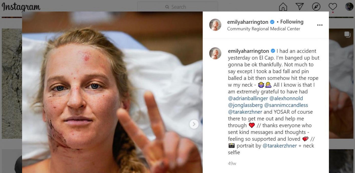 Emily after her fall in November 2019; Instagram.