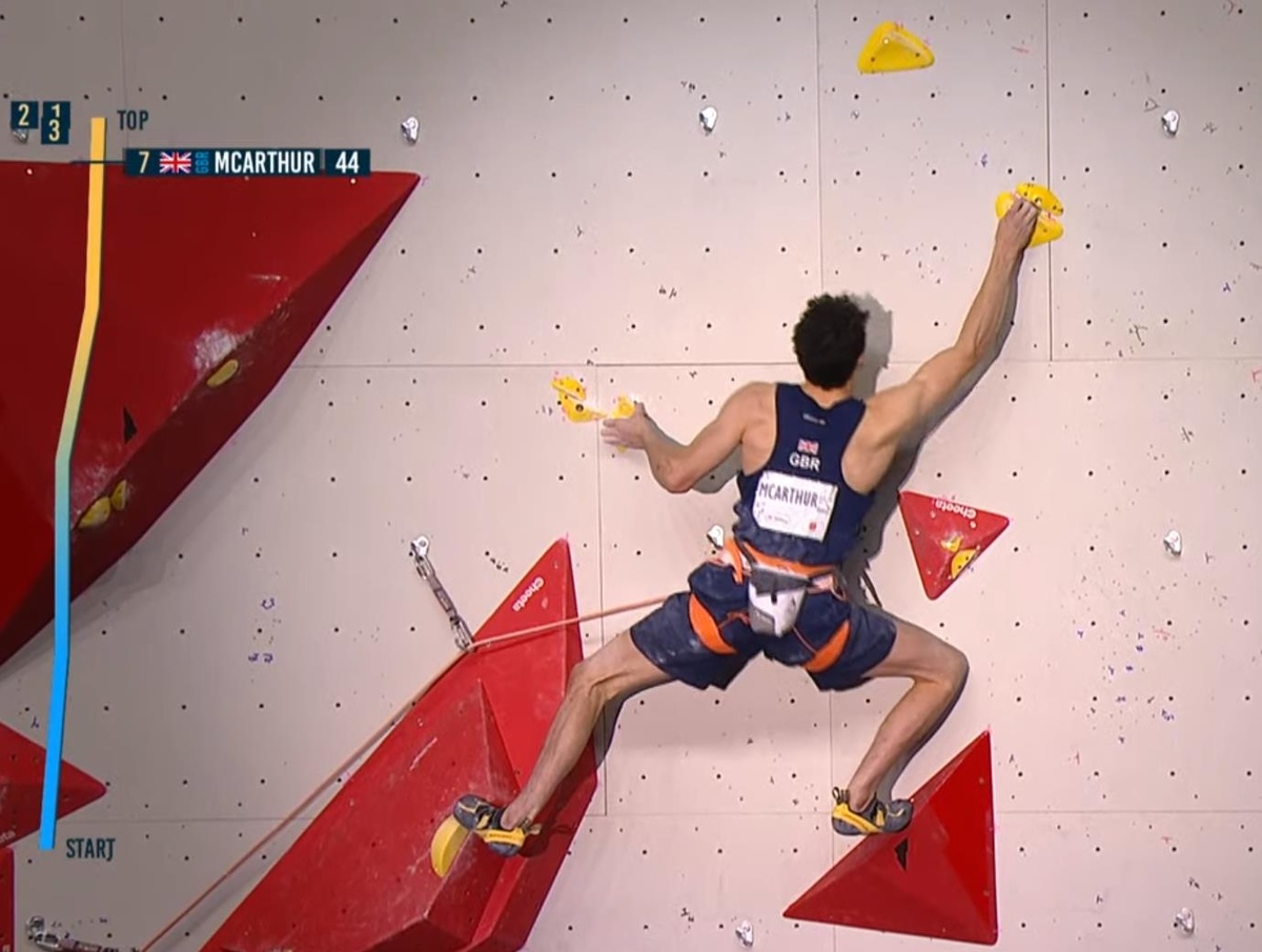 Hamish McArthur crimping the life out of the final crimps on the men’s final route to take a thoroughly well-deserved bronze in his first senior World Championship