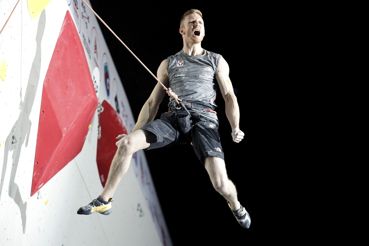 Jakob Schubert topped out on the men’s final route to win yet another first World Championship. Photo: Dimitris Tosidis/IFSC